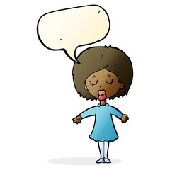 cartoon woman in dress with speech bubble
