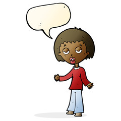 cartoon tired woman with speech bubble