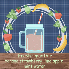 Fresh smoothie recipe. Healthy lifestyle flat illustration.