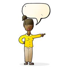 cartoon woman pointing with speech bubble