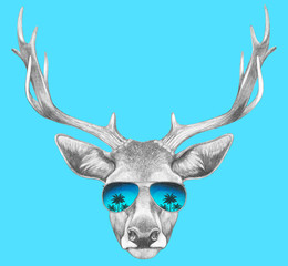 Fototapeta premium Portrait of Deer with mirror sunglasses. Hand drawn illustration.