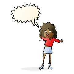 cartoon woman having trouble walking in heels with speech bubble