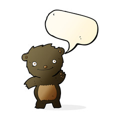 cartoon waving black bear cub with speech bubble