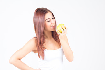 Beautiful woman bites apple. Healthy lifestyle.