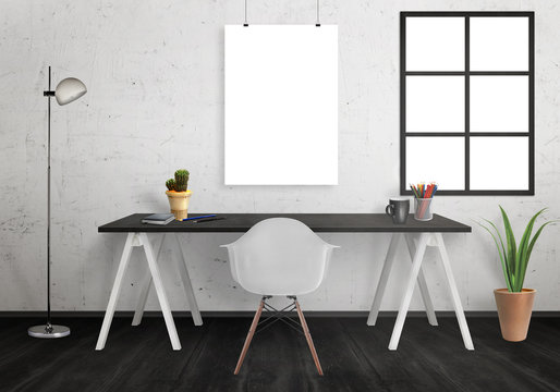 Poster mock up in office interior with desk, lamp, plants, chair. White wall with window and black floor.
