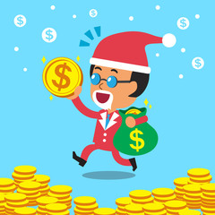 cartoon business boss carrying money bag with christmas theme
