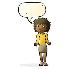 cartoon woman shrugging shoulders with speech bubble