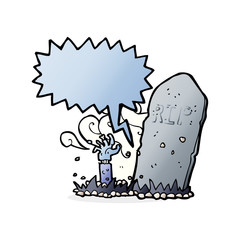 cartoon zombie rising from grave with speech bubble