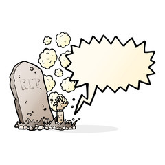 cartoon zombie rising from grave with speech bubble