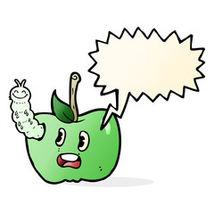 cartoon apple with bug with speech bubble