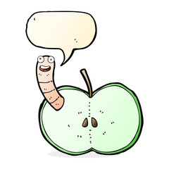cartoon apple with worm with speech bubble