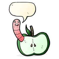 cartoon apple with worm with speech bubble