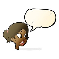 cartoon friendly woman with speech bubble