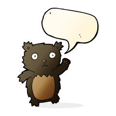 cartoon waving black bear cub with speech bubble