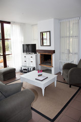 Modern living room with warm colors. Two sofas