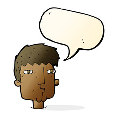 cartoon curious man with speech bubble