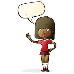 cartoon woman waving with speech bubble