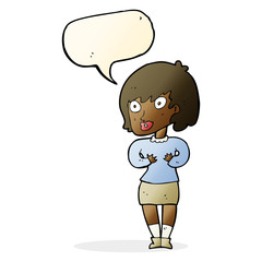 cartoon woman making Who Me? gesture with speech bubble