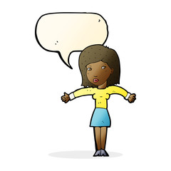 cartoon woman shrugging shoulders with speech bubble