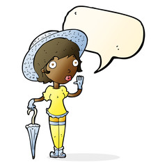 cartoon woman in summer hat waving with speech bubble