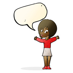 cartoon woman with open arms with speech bubble