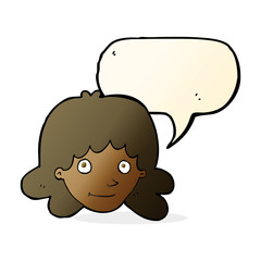 cartoon happy female face with speech bubble