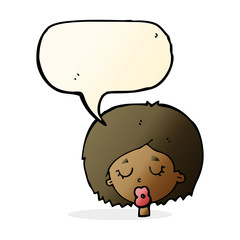 cartoon woman with eyes closed with speech bubble