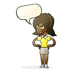 cartoon annoyed woman with hands on hips with speech bubble