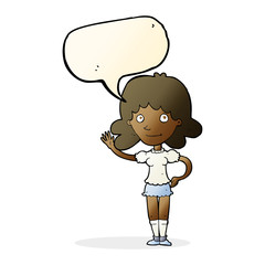 cartoon woman waving with speech bubble