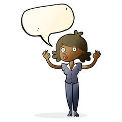 cartoon woman surrendering with speech bubble
