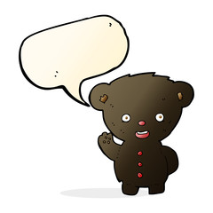 cartoon waving black bear cub with speech bubble