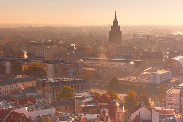 Fototapeta na wymiar Aerial view backlit of Old Town with Latvian Academy of Sciences in the morning, Riga, Latvia