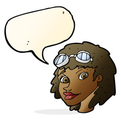 cartoon happy woman wearing aviator goggles with speech bubble