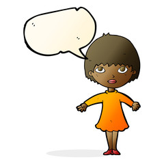 cartoon woman in dress with speech bubble