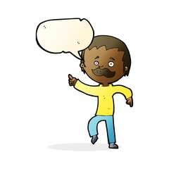 cartoon man with mustache pointing with speech bubble