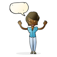 cartoon pretty woman with hands in air with speech bubble