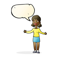 cartoon happy woman shrugging shoulders with speech bubble