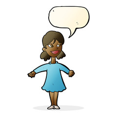 cartoon woman with open arms with speech bubble