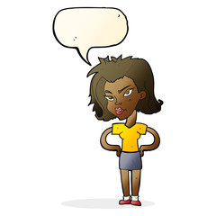 cartoon woman with hands on hips with speech bubble