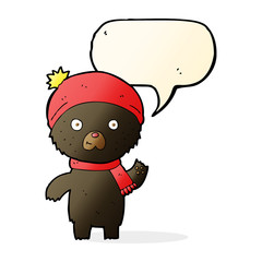 cartoon waving black bear with speech bubble