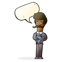 cartoon man with mustache with speech bubble