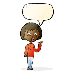 cartoon woman waving with speech bubble