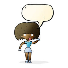 cartoon woman waving with speech bubble