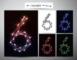Molecule Number  "6" Trendy alphabet fonts of sparkling brilliants, vector illustration.