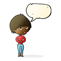 cartoon woman considering with speech bubble