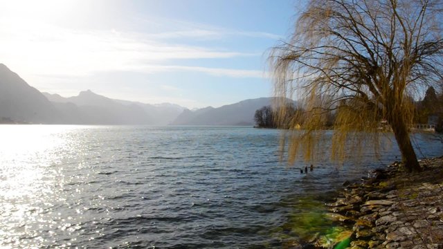 Beautiful scenery at lake Traunsee in Gmunden Upper Austria in spring vintage retro edit