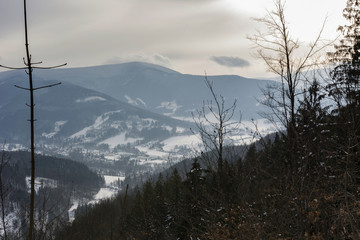 view of the snowy valleys of forest roads