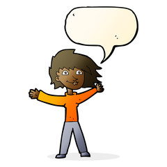 cartoon excited woman waving with speech bubble