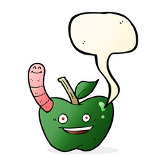 cartoon apple with worm with speech bubble