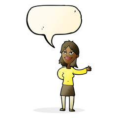 cartoon woman gesturing to show something with speech bubble
